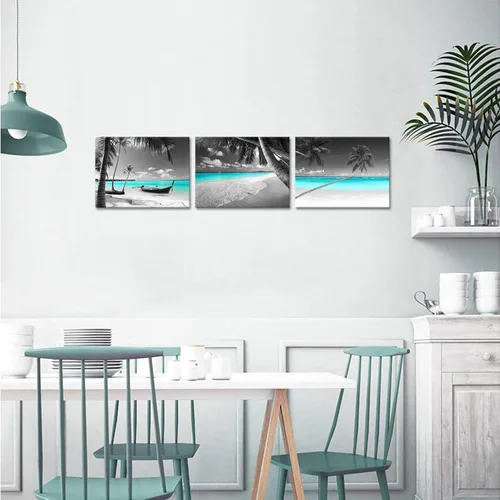 Miniatura 2 de Biuteawal 3 piezas de lienzo de playa en blanco y negro para pared, imágenes de paisaje marino turquesa, palmera tropical, velero, pintura, obras