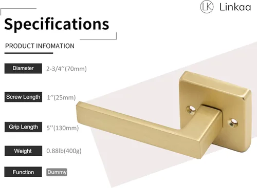 Miniatura 2 de Linkaa Paquete de 2 manijas de puerta cuadradas de latón satinado para puertas interiores para armario y pasillo, lavandería interior (1 par