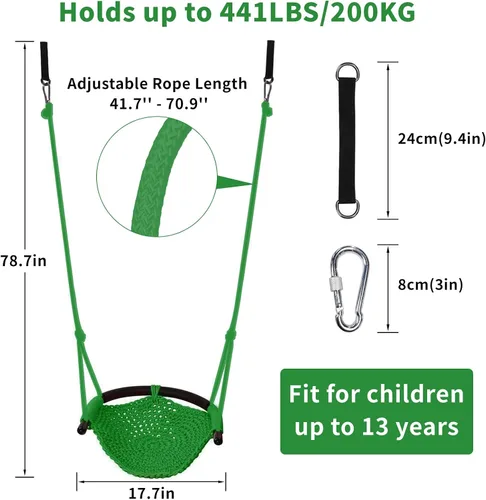 Miniatura 2 de Hi-Na Columpio de árbol para niños, asiento de columpio de cuerda ajustable para niños pequeños con ganchos a presión y correas, capacidad de 440