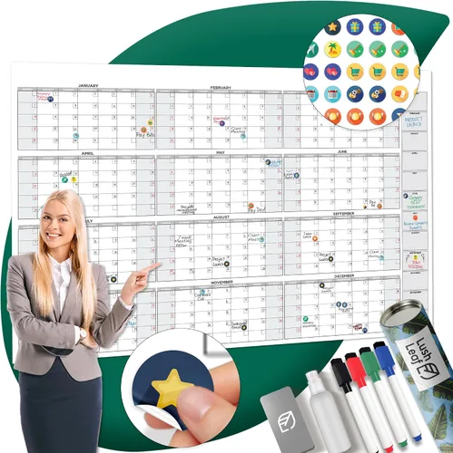 Miniatura 10 de Calendario grande de borrado en seco para pared, 38 x 68 pulgadas, sin fecha, anual, reutilizable, año completo de 12 meses, incluye marcadores