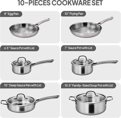 Miniatura 2 de Bonnlo Juego de utensilios de cocina de 10 piezas, juego de ollas y sartenes de acero inoxidable de 3 capas con tapas, juego de cocina no tóxico