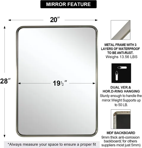 Miniatura 2 de ANDY STAR Espejos para Pared, Espejo de Baño de 20x28 Pulgadas de Níquel Cepillado, Espejos Rectangulares Redondeados para Tocador, Anti-Óxido
