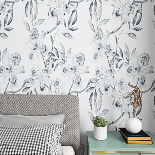 Miniatura 5 de ReWallpaper Papel tapiz floral gris y blanco para despegar y pegar, papel de contacto con flores de iris neutro para cajones, armarios, escritorio