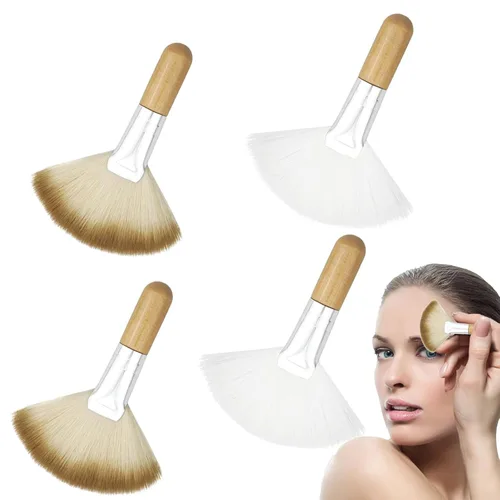 Miniatura 8 de Paquete de 4 cepillos de abanico para mujer, cepillo de cerdas suaves para resaltar la cara, cepillo para rubor con mango largo, cepillos
