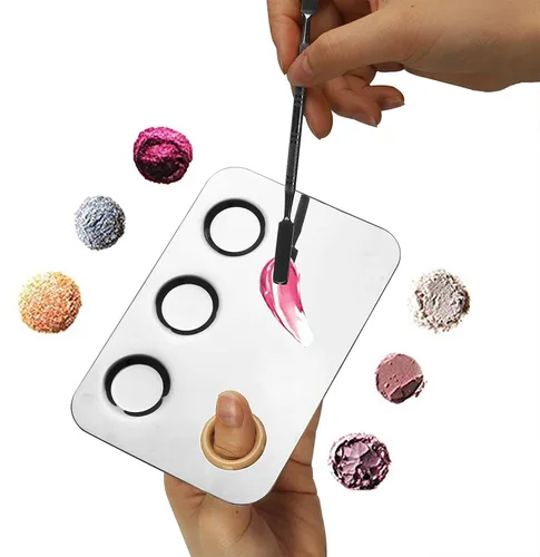 Miniatura 5 de Paleta de mezcla de maquillaje, paleta de maquillaje de acero inoxidable de 6 x 4 pulgadas, paleta de mezcla de 3 pocillos para arte de uñas, paleta