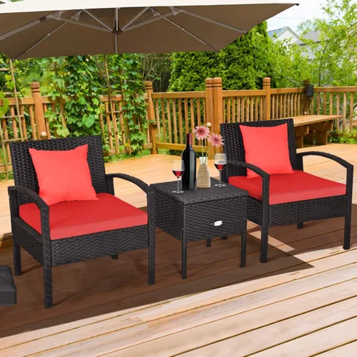 Miniatura 2 de Tangkula Juego de 3 piezas de mimbre para patio, muebles de ratán para exteriores con cojín grueso lavable y mesa auxiliar con espacio