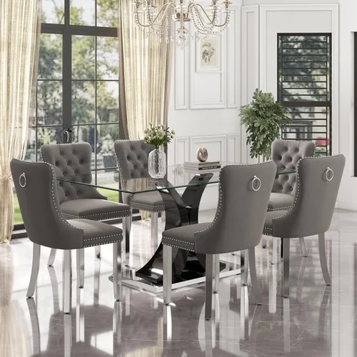 Miniatura 24 de Moderno juego de comedor de cristal de lujo para 6, 63 pulgadas, juego de vajilla rectangular minimalista grande para 6, juego de mesa de cocina