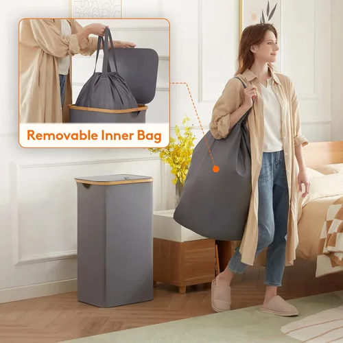 Miniatura 3 de Lifewit - Cesta de ropa sucia de 100L con tapa, cestos para la ropa con asas de bambú y una bolsa extraíble, cesto grande plegable para la ropa