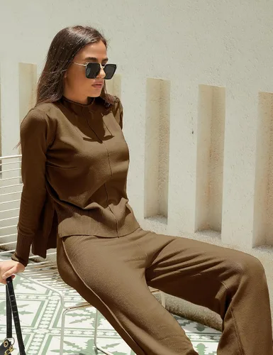 Miniatura 7 de Conjunto de 2 piezas para mujer, sudadera con cuello alto falso, pantalones de pierna ancha, conjuntos de ropa de descanso