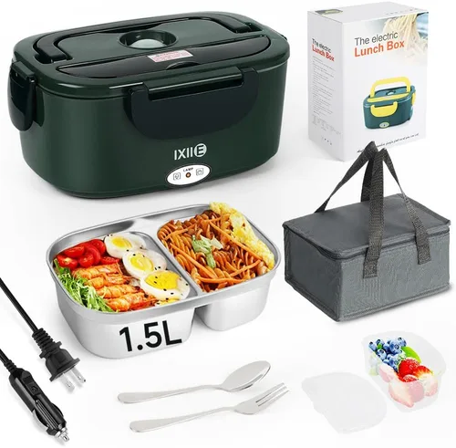 Miniatura 8 de IXIIE Lonchera eléctrica de 80W, calentador de alimentos para el trabajo, 12V/24V/110V, lonchera portátil para adultos con 2 envases de acero
