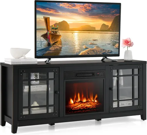 Miniatura 10 de Tangkula - Soporte para TV con chimenea para televisor de 65 pulgadas, consola de TV de 58 pulgadas con chimenea eléctrica de 1400W, estantes Natural