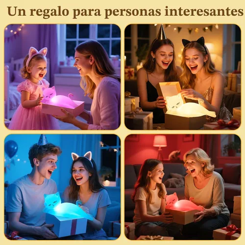 Miniatura 2 de Lámpara plana de gato Mubarek, regalos de gato, lámpara de silicona linda de 16 colores+5 atenuación, lámpara de noche recargable con control