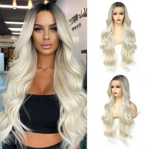 Miniatura 5 de Pelucas de encaje frontal rubias de 30 pulgadas X-TRESS con onda corporal, prediseñadas, peluca frontal de encaje sintético con raíces oscuras