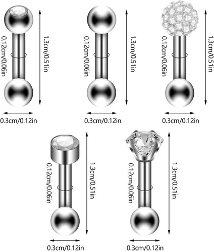Miniatura 5 de Juego de 10 aretes de 0.56 oz, aretes de bola con cierre de tornillo, aretes de tuerca para cartílago de hélix, barra con incrustaciones