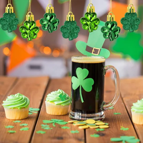 Miniatura 7 de Juego de adornos de tréboles del día de San Patricio, 48 piezas de trébol de la buena suerte, adornos colgantes decorativos de trébol verde