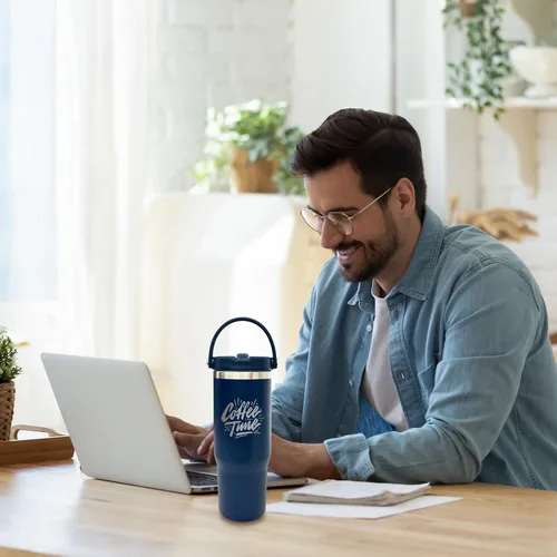 Miniatura 6 de Vaso de 30 onzas con asa superior, vaso aislado al vacío de doble pared con popote abatible, taza de café de viaje de 30 onzas con recubrimiento