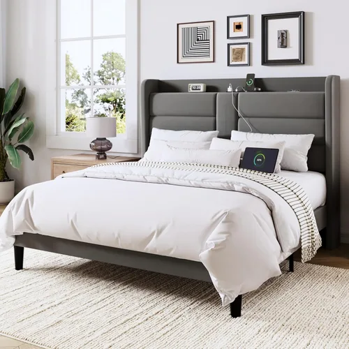 Miniatura 15 de Allewie Base de cama de plataforma tamaño Queen con estación de carga y cabecera de almacenamiento, diseño tapizado de terciopelo con respaldo