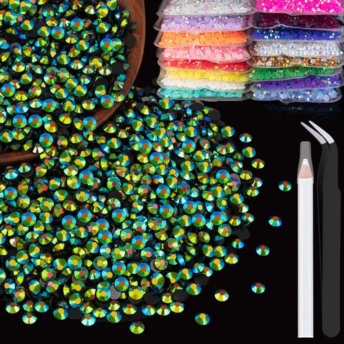 Miniatura 73 de 5000 piezas de diamantes de imitación de resina de 0.118 pulgadas a granel, color verde oscuro AB con parte trasera plana, diamantes de imitación