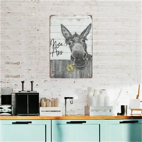 Miniatura 7 de QHOVPA Letreros de metal vintage con diseño de burro, divertido letrero de baño para baño, ilustración de pared con texto en inglés "Nice Ass