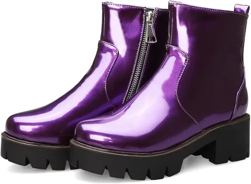Miniatura 2 de KUUTGG Botines elegantes de moda para mujer, de charol con punta redonda, con cremallera, tacón medio grueso