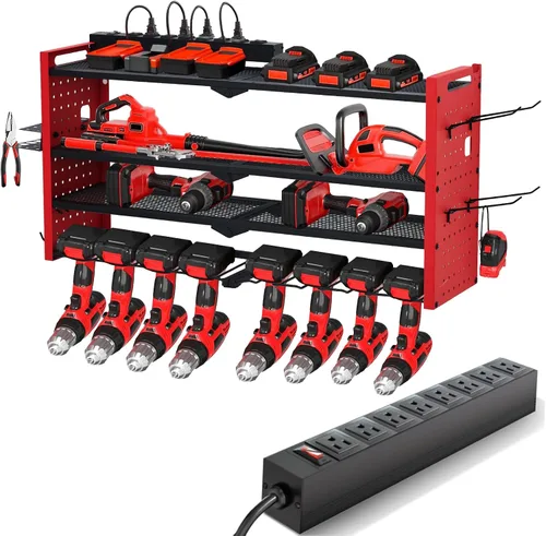 Miniatura 10 de Organizador de herramientas eléctricas con estación de carga, estante de garaje resistente de 3 capas con 8 tomas, 4 estantes de almacenamiento