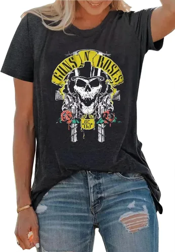 Camiseta de manga corta con estampado gráfico de Guns N' Roses para mujer, camiseta de música rock vintage con estampado de letras divertidas