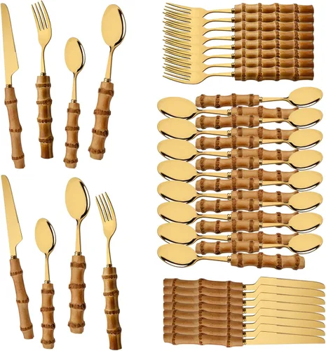 Miniatura 12 de Juego de cubiertos de mango de bambú natural, juego de cubiertos de acero inoxidable para 4, tenedores, cucharas, cuchillos para uso diario, 16