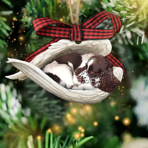 Talataca English Springer Spaniel - Adorno de Navidad plano 2D de madera, Springer Inglés Dormir Ángel Dormir Decoración de árbol de pino, colgante