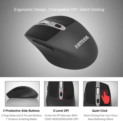 Miniatura 3 de Arteck Combo de teclado y mouse inalámbricos de 2.4 G, teclado de tamaño completo de acero inoxidable y mouse ergonómico con botones laterales