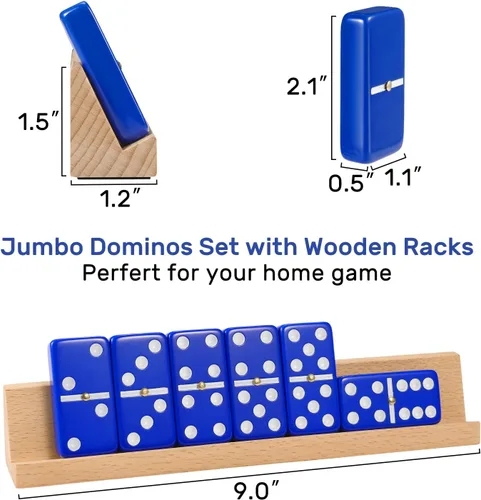 Miniatura 5 de Juego de dominós jumbo para adultos con 4 estantes/bandejas de madera, juego de dominós doble 6 de viaje con estuche portátil, juego de dominós Azul