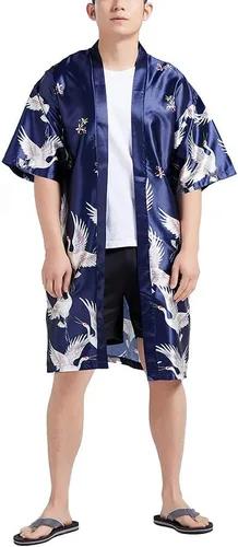 Miniatura 3 de HAORUN Abrigo kimono japonés para hombre, holgado, Yukata, albornoz largo, tops vintage, Azul marino satinado.