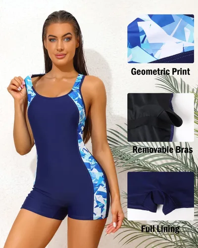 Miniatura 91 de beautyin - Traje de baño para mujer, traje de baño aeróbico y de competición de una pieza, estilo pantalón corto