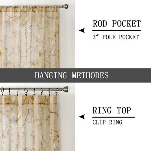 Miniatura 5 de Tollpiz Cortina Corta Transparente de Nivel Beige con Estampado de Hojas y Flores, Bordado Floral, Cortinas de Media Ventana Transparentes
