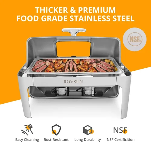 Miniatura 3 de ROVSUN Juego de 3 platos de bufé con tapa enrollable, 9 cuartos de galón de acero inoxidable NSF rectangular para catering, servidores de bufé