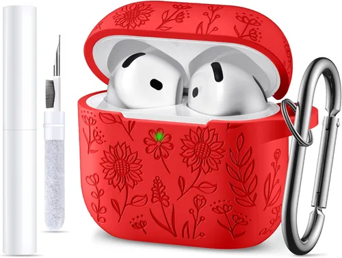 DaQin Funda protectora de silicona suave para Airpods 4, con grabado de flores, compatible con Apple Airpods de 4ª generación, con kit limpiador y
