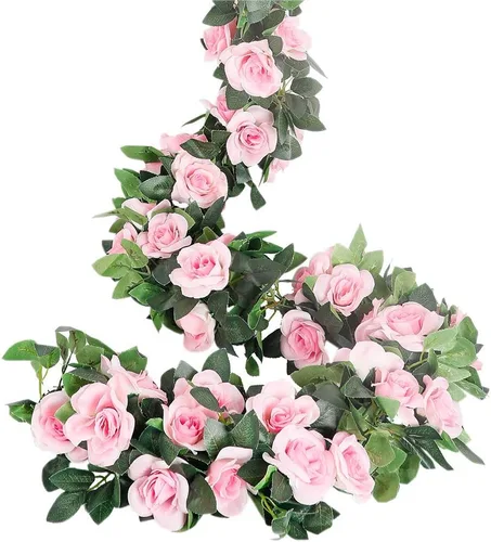 LESING Guirnalda de rosas artificiales, 4 unidades (28.8 pies), guirnalda de flores de seda falsa con plantas verdes, guirnaldas de flores colgantes