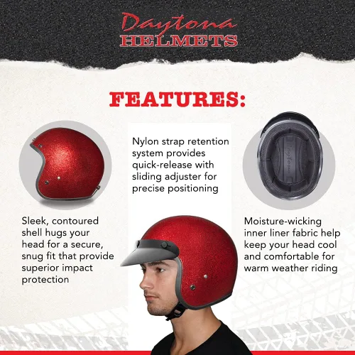 Miniatura 3 de Daytona Helmets Casco de motocicleta de cara abierta de 3/4 – Aprobado por DOT [Escamas de metal rojo] [XL]