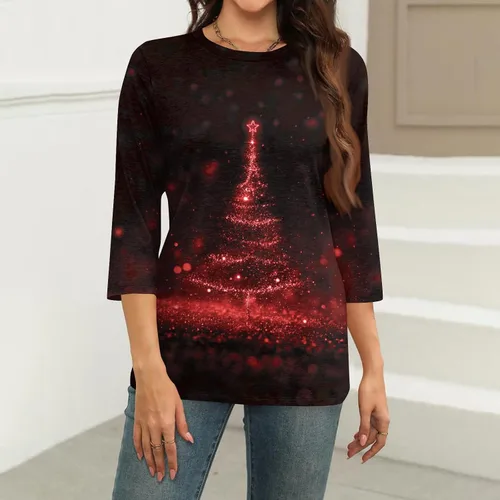 Miniatura 21 de Camisetas de manga 3/4 para mujer, cuello redondo, holgadas, casuales, con estampado floral, camisetas de moda para el trabajo de negocios