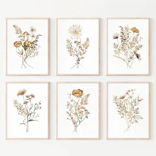 Juego de 6 arte de pared de flores de acuarela con diseño botánico de flores silvestres, arte de pared en lienzo neutro bohemio, impresiones