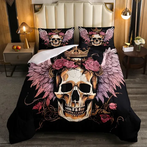 Miniatura 31 de Erosebridal Juego de ropa de cama de calavera de vaca bohemia tamaño individual para vaquero occidental, diseño de cactus y esqueletos negros, juego
