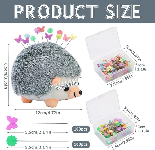 Miniatura 4 de Fteven Kit de 200 Piezas de Alfileres Rectos de Cabeza Plana con Alfiletero Erizo, Alfiletero Grande con Caja de Almacenamiento Transparente