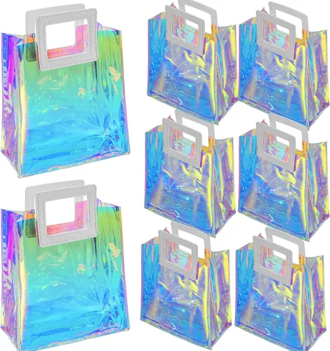 Miniatura 8 de Bolsas de regalo pequeñas holográficas, paquete de 2 unidades de 7.9 x 7.1 x 3.9 pulgadas con asas para mujeres, niñas, cumpleaños, Navidad, fiestas