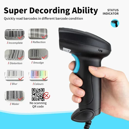 Miniatura 5 de Escáner de código de barras USB 1D con cable CCD, lector de código de barras compatible con pantalla, escáneres de código de barras para tienda