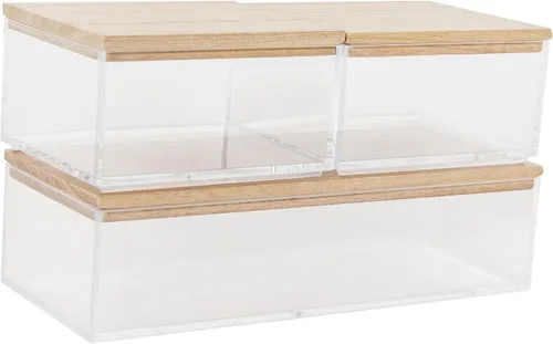Miniatura 12 de Martha Stewart Brody - Contenedores organizadores de plástico con tapas de madera de paulownia para oficina en casa, cocina o baño, paquete de 3