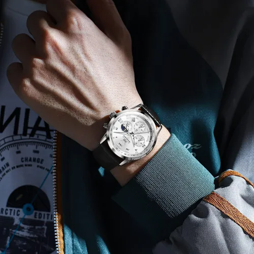 Miniatura 6 de OLEVS Reloj para hombre cuero marrón moda cronógrafo reloj luminoso impermeable casual relojes de pulsera