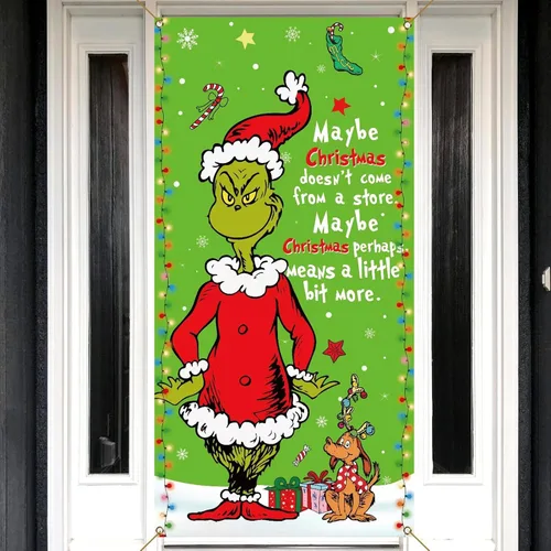 Sunwer Cubierta de Puerta Verde de Navidad Whoville Decoración de Fiesta Navideña de Invierno Cartel de Porche Frontal Telón de Fondo Banner para
