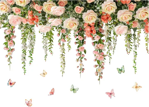Calcomanías de pared de rosas vívidas, calcomanías de pared florales de vid colgantes, calcomanías de mariposa, papel tapiz para despegar y pegar