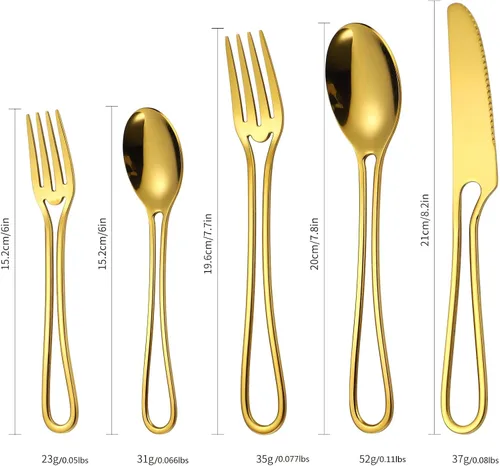 Miniatura 6 de Juego de Cubiertos de Platería Dorados Huecos de 20 Piezas para 4, Cubiertos de Cocina de Acero Inoxidable, Tenedores, Cucharas y Cuchillos, Oro