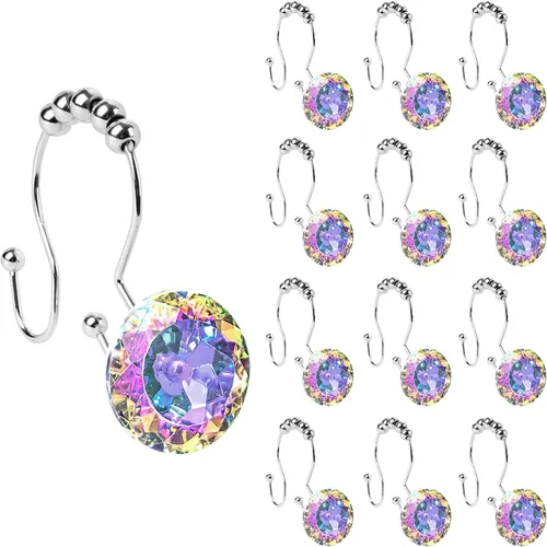 Miniatura 13 de Sunlit Diseño de Lujo Redondo Aqua Azul Diamante Cristal Gema Bling con Bolas Deslizantes Ganchos para Cortina de Ducha, Anillos para Cortina