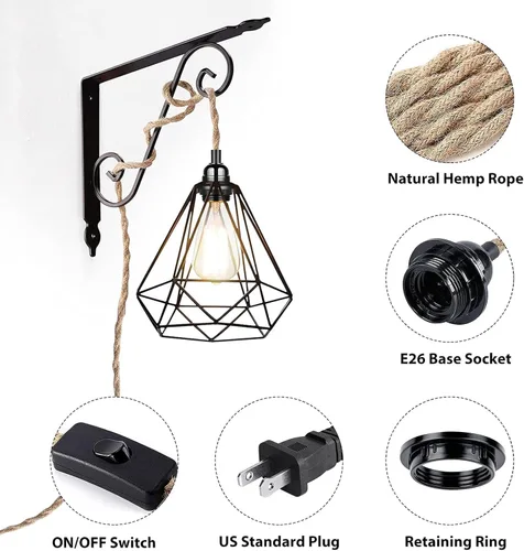 Miniatura 7 de Cable de luz colgante industrial de 15 pies - Accesorio de luz colgante enchufable, Cable de lámpara colgante estilo granja de 15 pies